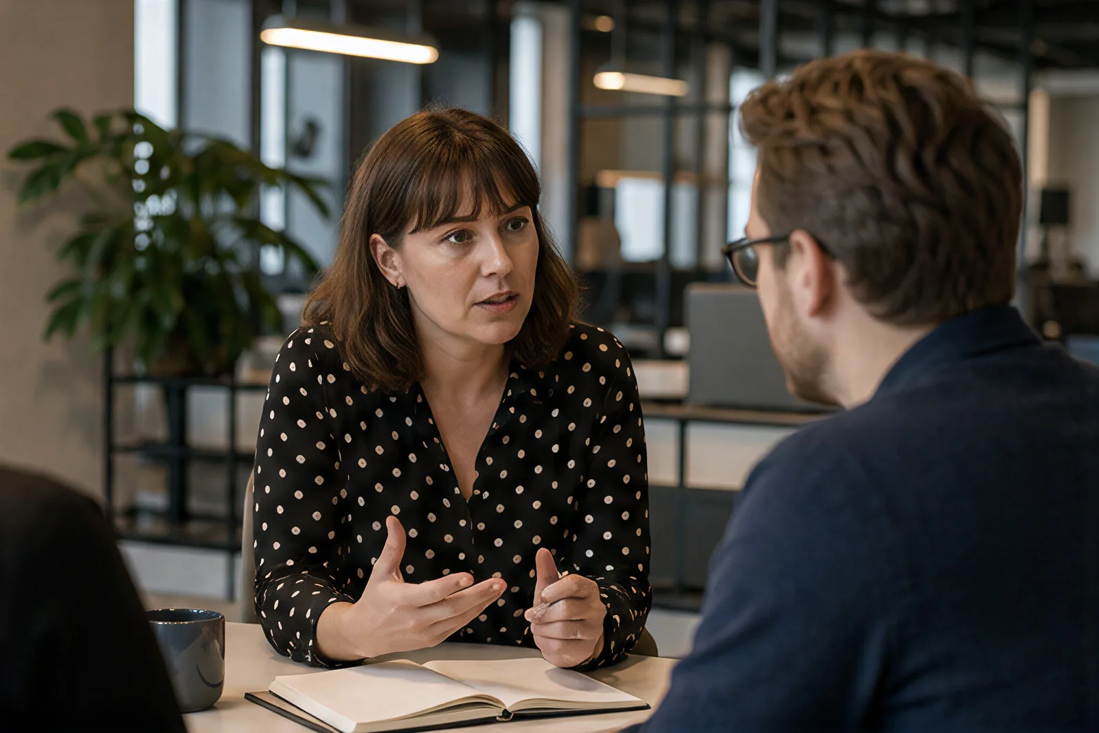 Two colleagues having a supportive conversation at work